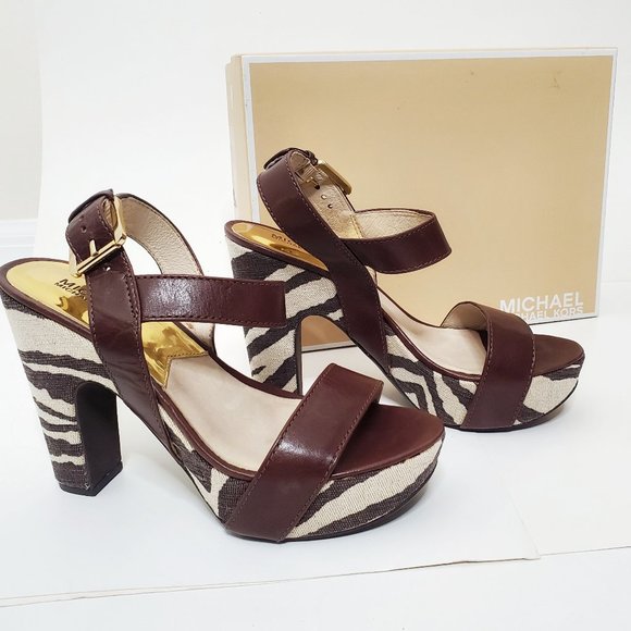 Michael Kors Brown Leather Sandal Platform Zebra Print with Box - Picture 1 of 13
